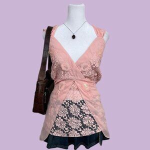 y2k pink floral lace beaded plus size girly dainty coquette split front top